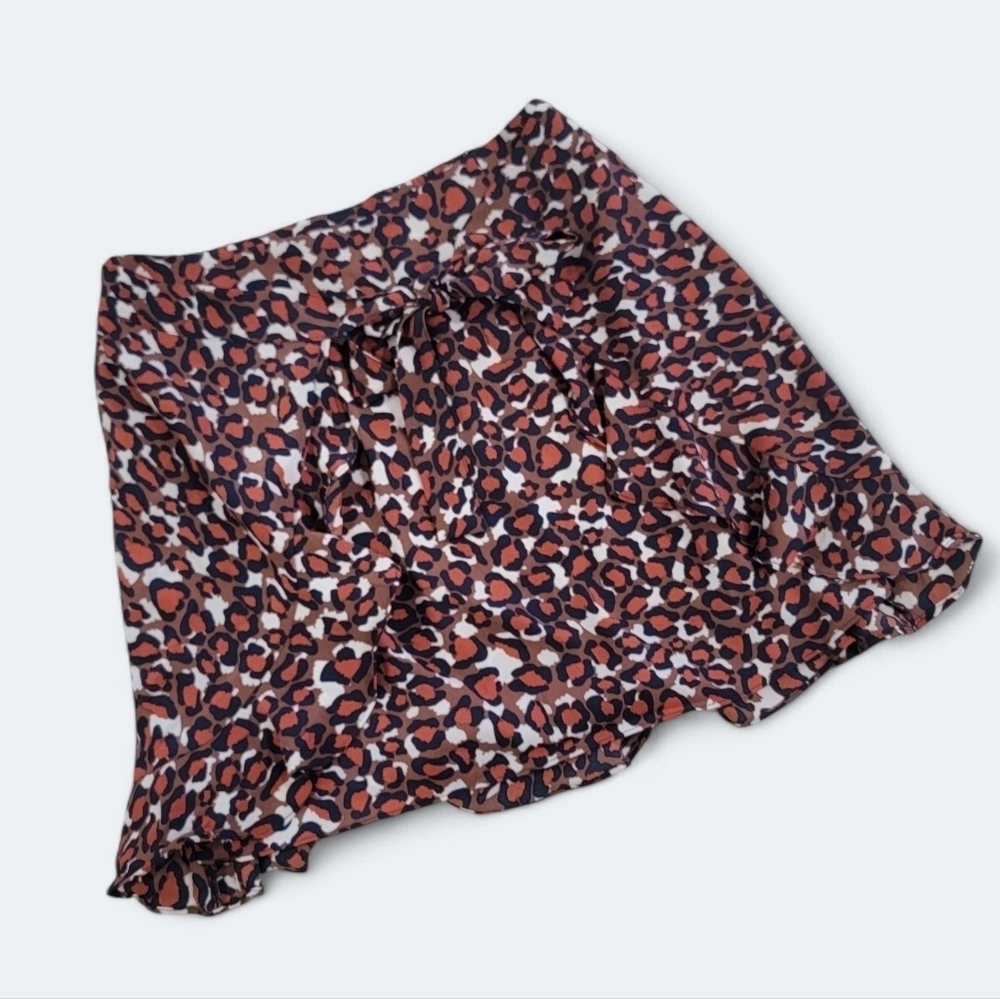 Umgee Brown Navy Leopard Print Ruffle Skirt With Tie Size Medium